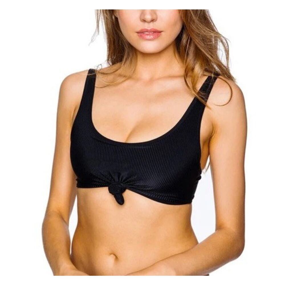 FRANKIES BIKINIS Black Ribbed Knotted Scoop Neck Wide Strap Greer Top Size XS